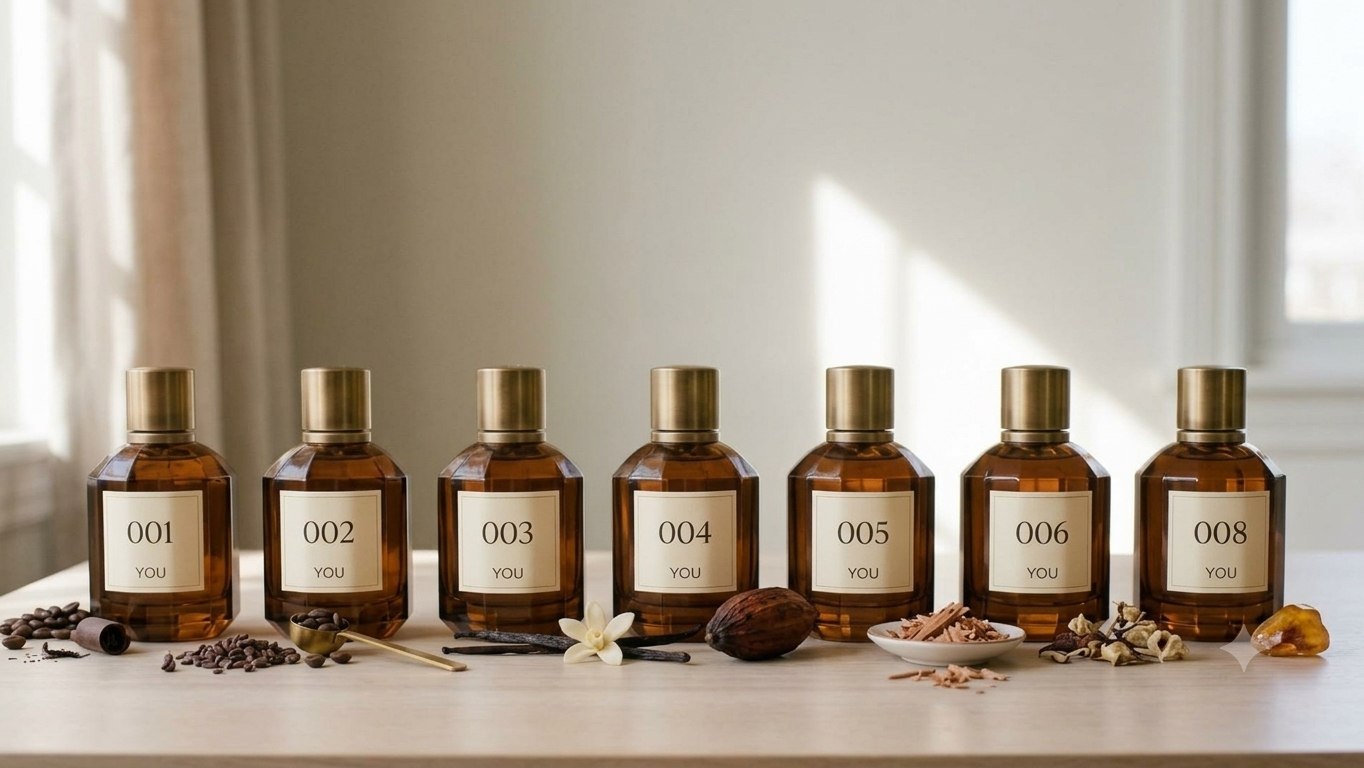 The unika by YOU collection: seven numbered amber bottles on a table with their raw ingredients